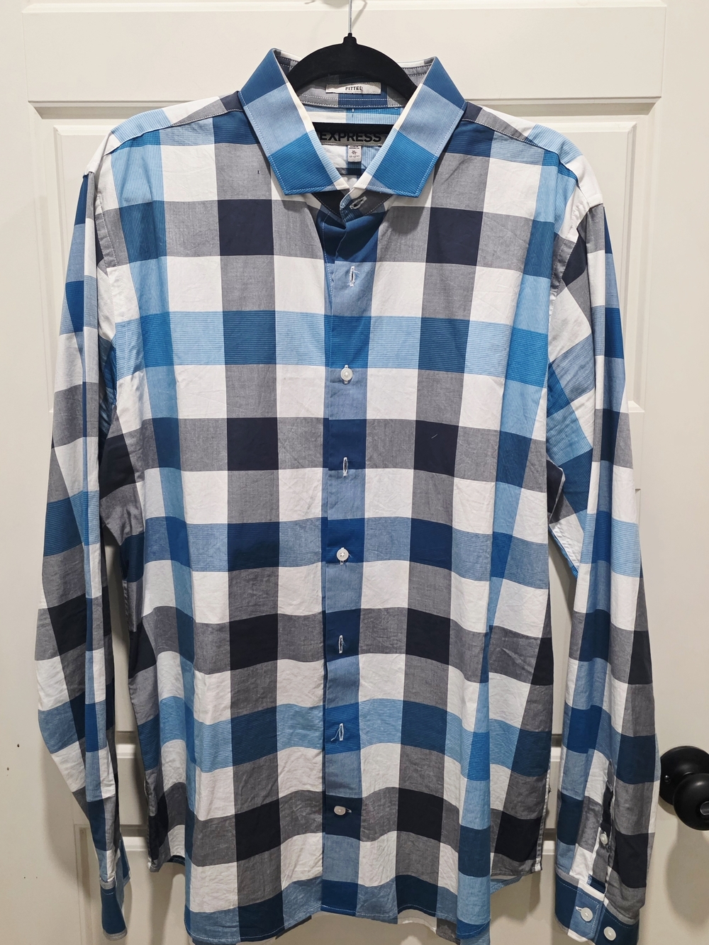 Express Men's Blue and Black Large Check Button-Down Shirt